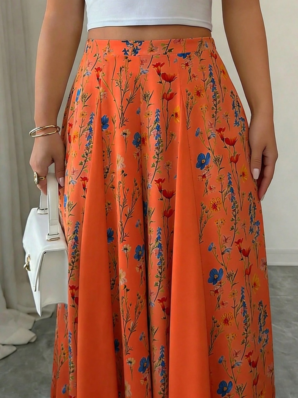 Boho Floral Print Stretchy Pants Wide Leg Flowy Pants - Picture 4 of 9